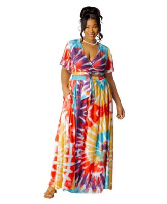 Plus Size Tie-dye Tie-Front Top and Skirt Set