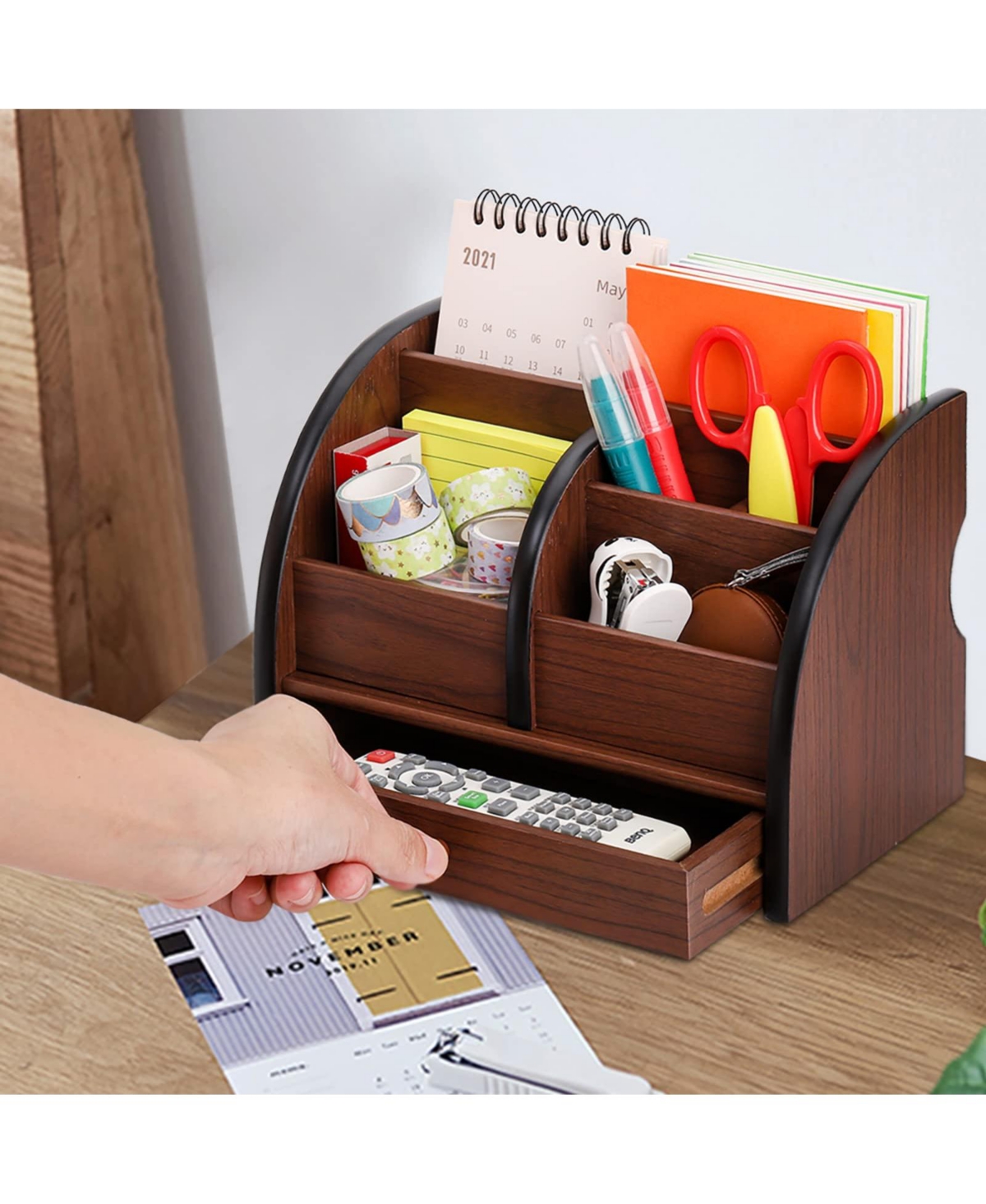 Danrong Wooden Desk Organizer With Drawer Remote Control Holder Makeup Stationery Storage Rack