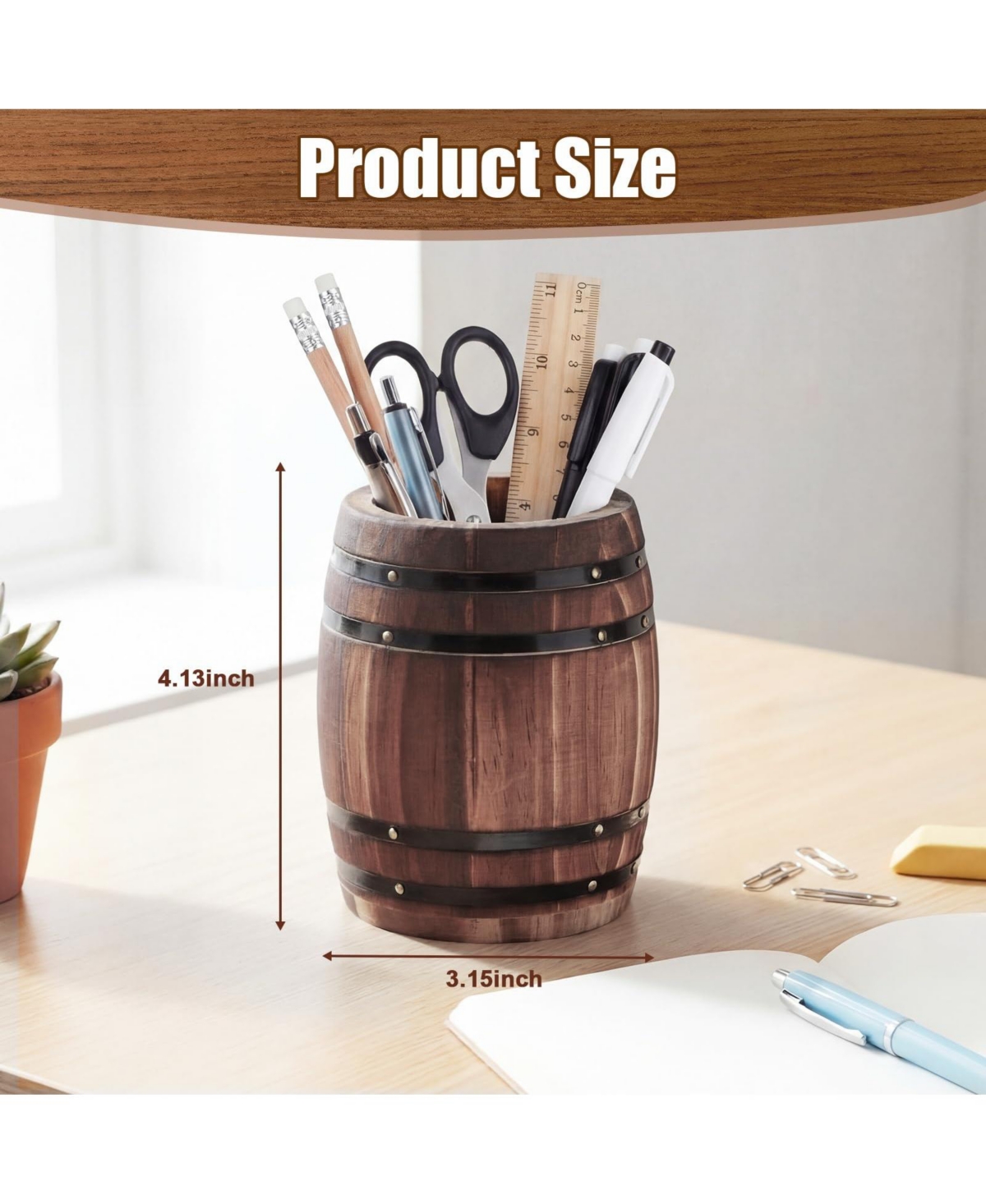 Danrong Rustic Wine Barrel Wooden Desk Organizer Pen Pencil Holder Stationery Storage