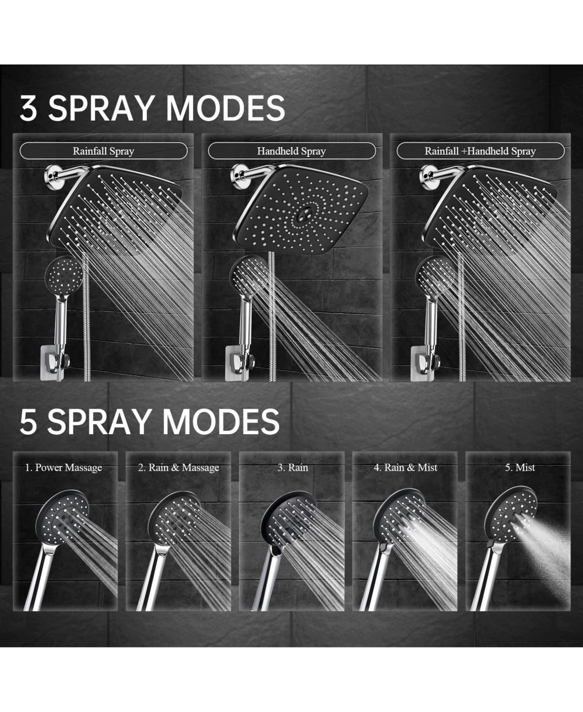 Cyqbd 11.8" Rain Shower Head Handheld Dual 5 Modes Hose