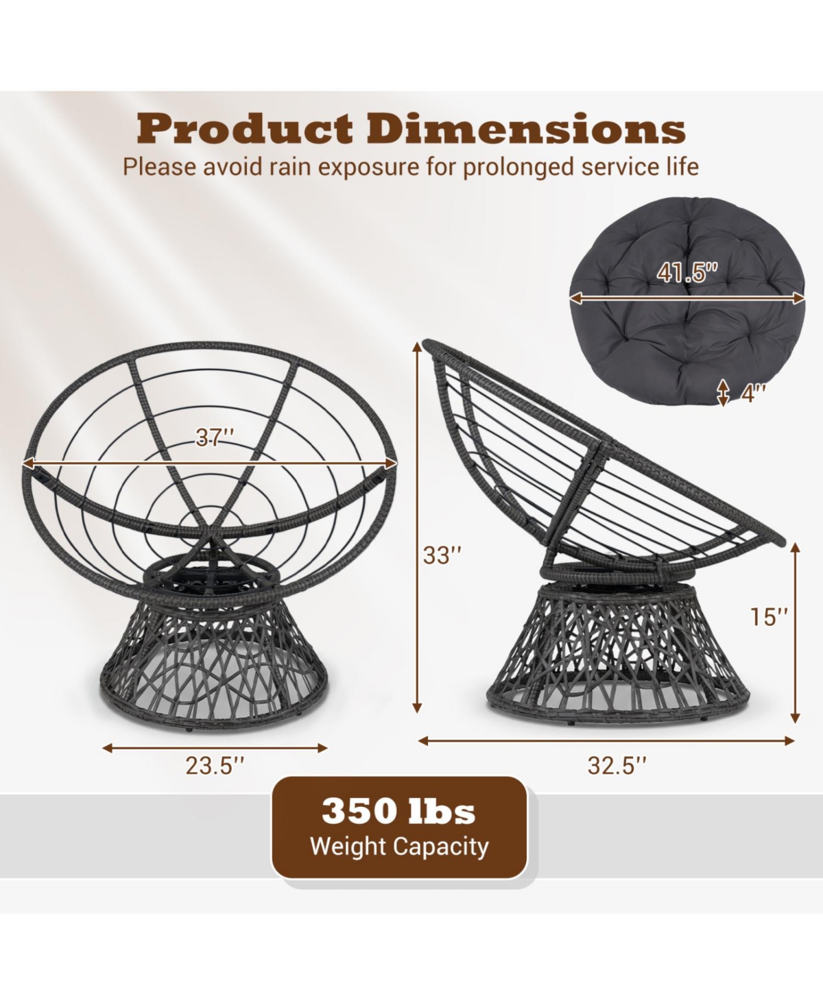 Slickblue Wicker Papasan Lounge Chair with 360degree(s) Swivel Base and Thick Cushion