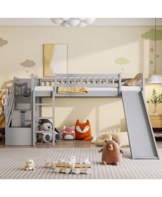 Stairway Twin Size Loft Bed with Two Drawers and Slide