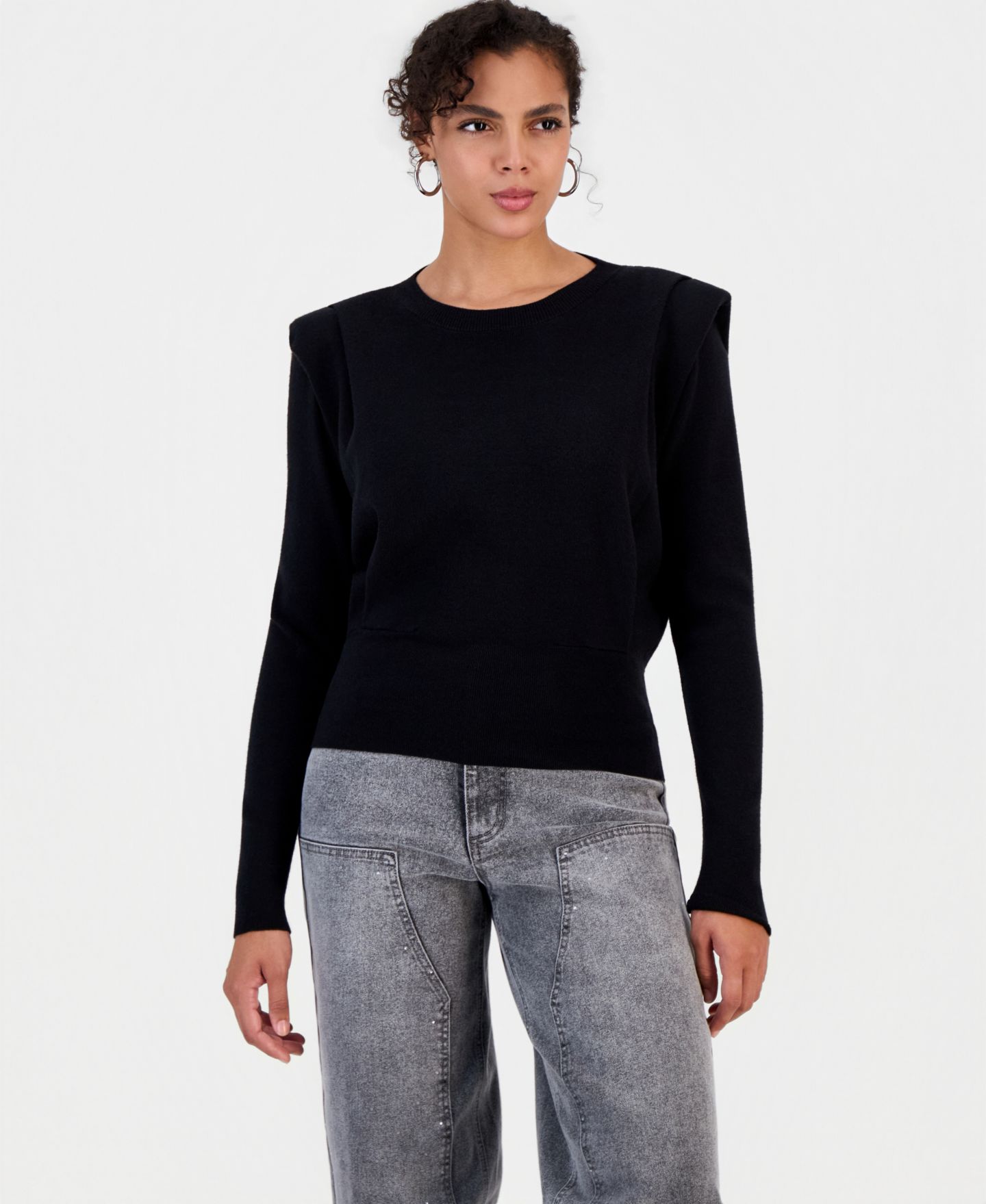 Женский свитер Bar III Shoulder-Pad Long-Sleeve Crewneck, цвет: Чёрный — фото 1