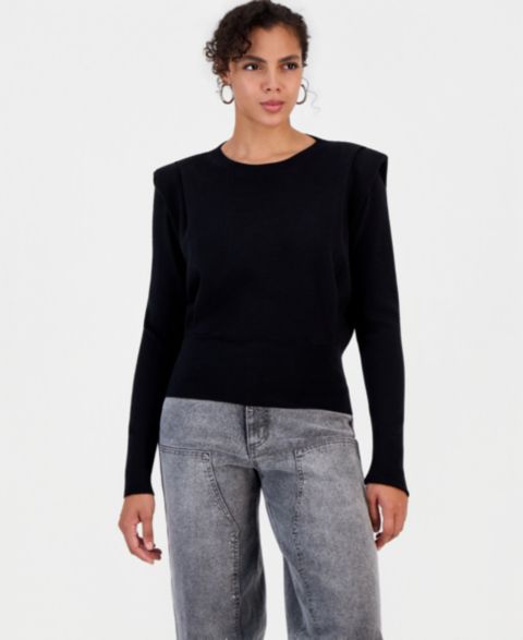 Женский свитер Bar III Shoulder-Pad Long-Sleeve Crewneck, цвет: Чёрный