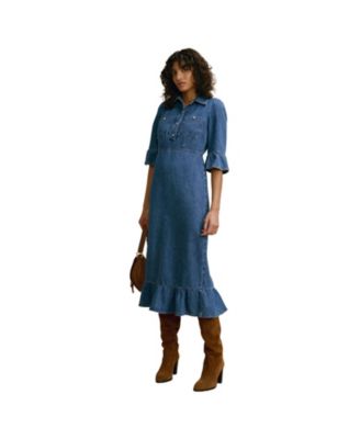 ruffle hem denim dress Mint Velvet Women's Ruffle-Hem Midi Shirt dev-position-most-loved:number:18 lower back belt The Cinnamon Club: Where Shein Hem finish at bottom of dress:WITHOUT Horsehair Hem