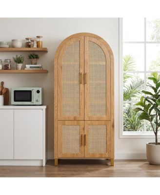 71" Arched Rattan Storage Cabinet with Adjustable Shelves and Doors
