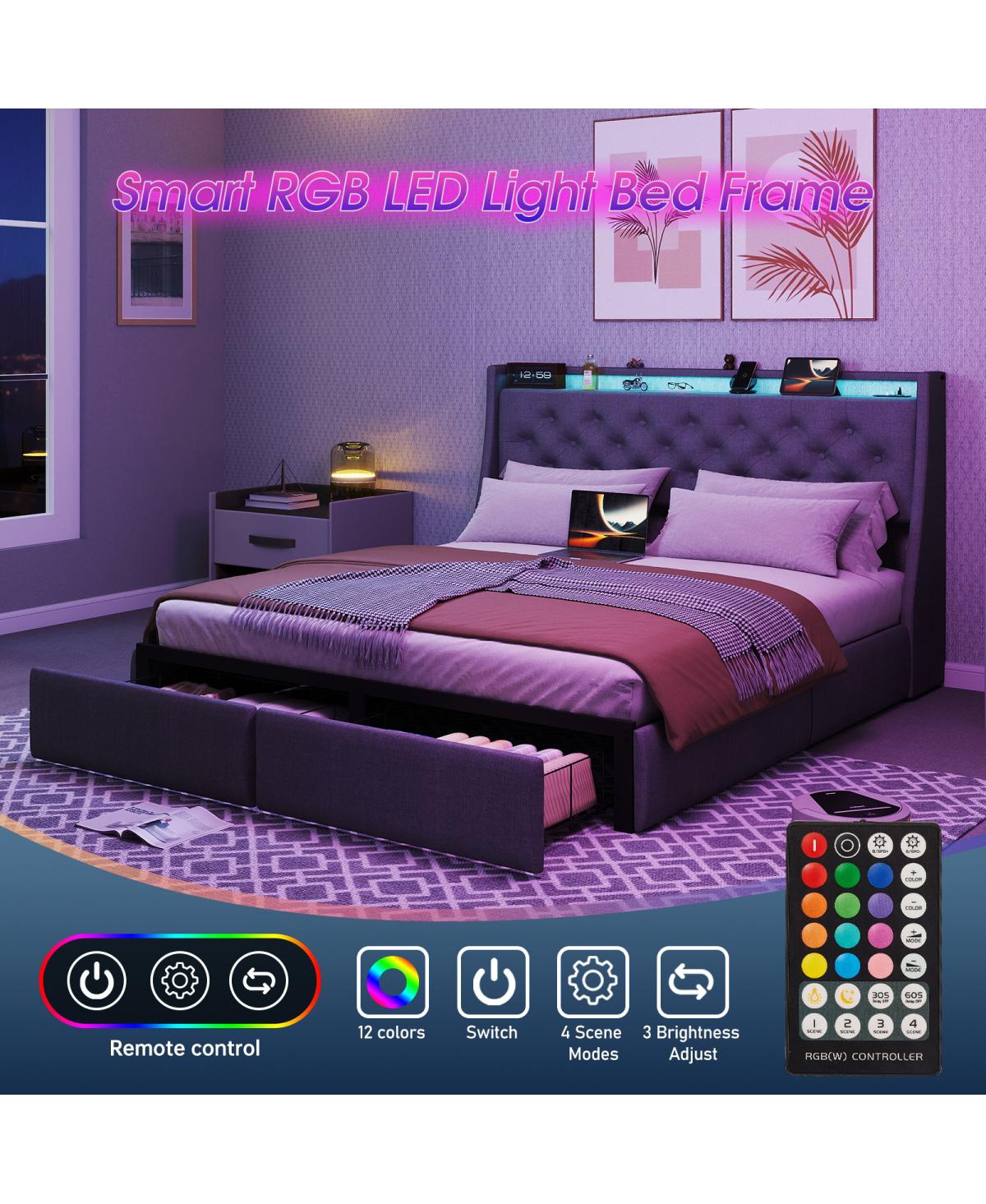 Streamdale Furniture Queen Led Upholstered Platform Bed with Storage Drawers and Charging Station