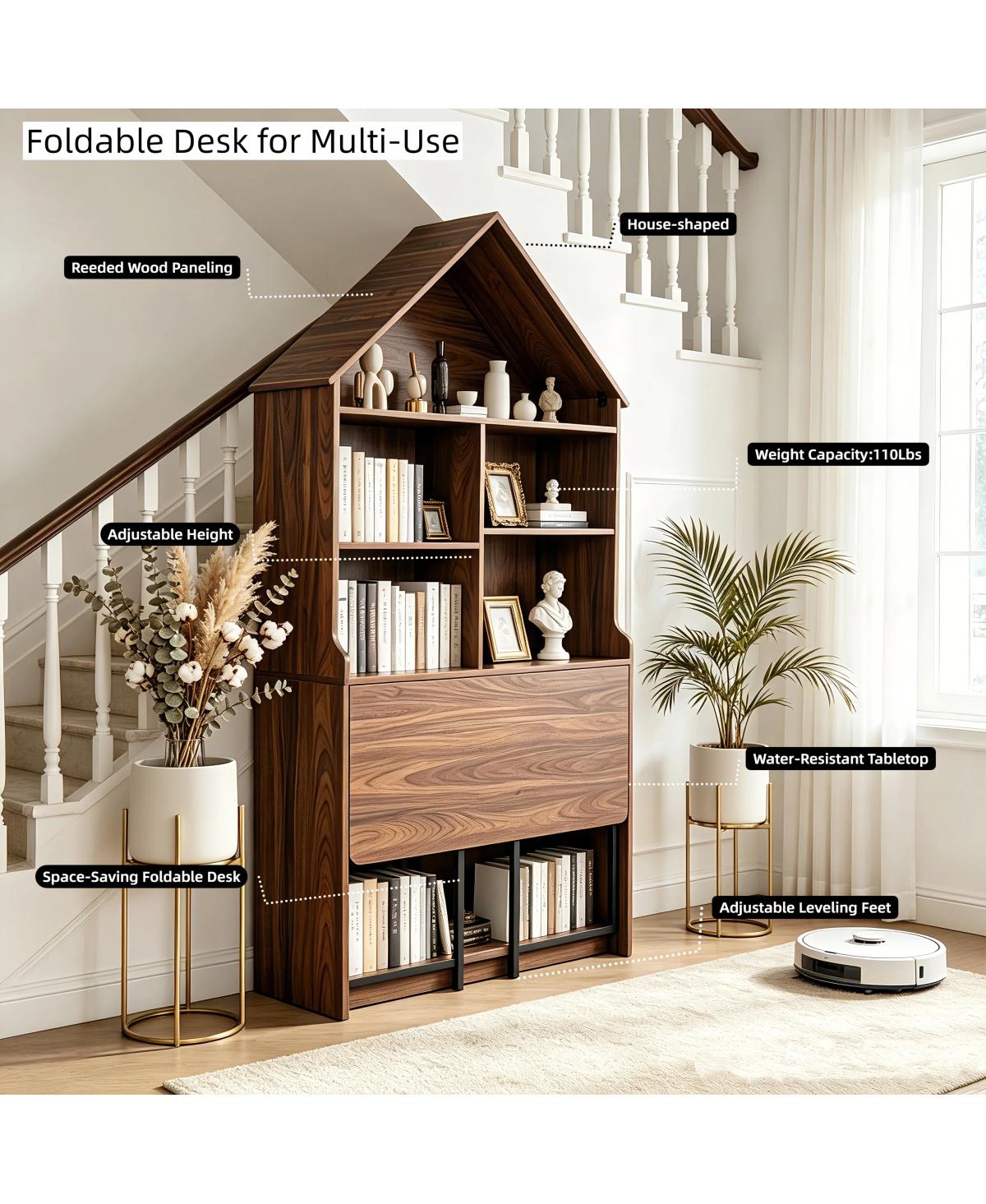Streamdale Furniture Folding Craft Desk with Storage Shelves and Bookshelf Convertible