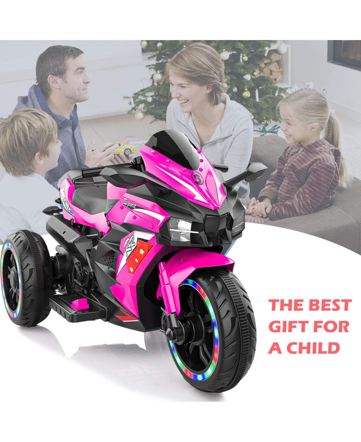 Sevorley 12V Kids Electric Ride-On Motorcycle with Led Lights and Music, Ages 3-6