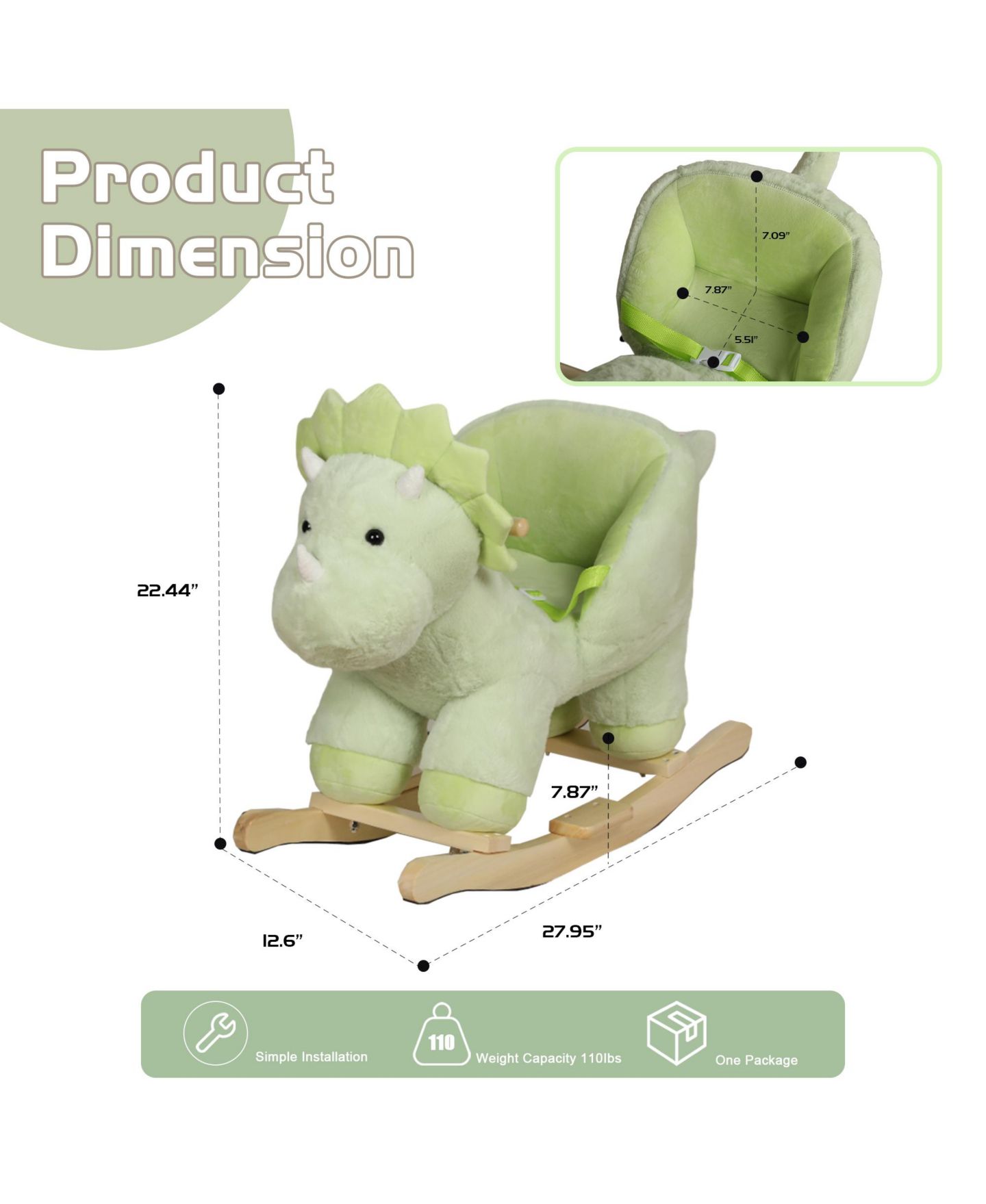 Детская мягкая игрушка SEVORLEY Plush Dinosaur Rocking Ride-On Toy, Ages 1-3, цвет: Зелёный — фото 4
