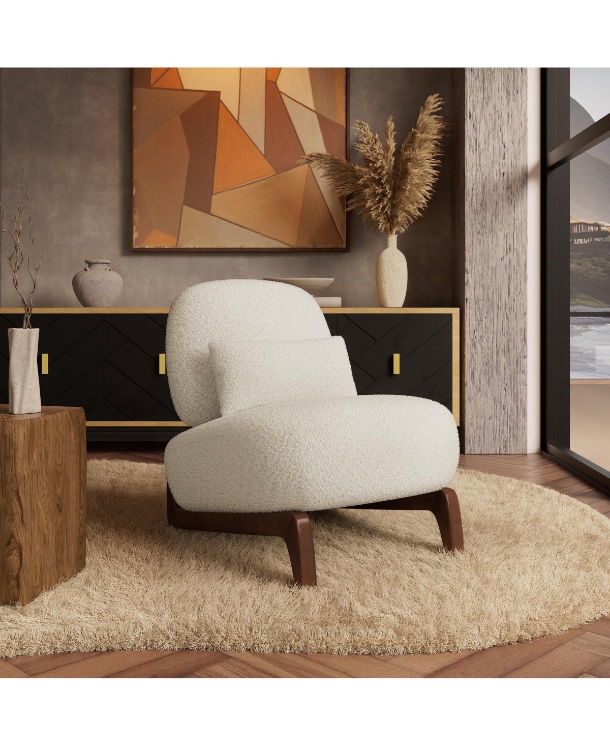 Morden Fort Cloud-Soft Cream Polyester Fleece Armless Accent Chair Upholstered Living Room Side Chairs with Waist Cushion