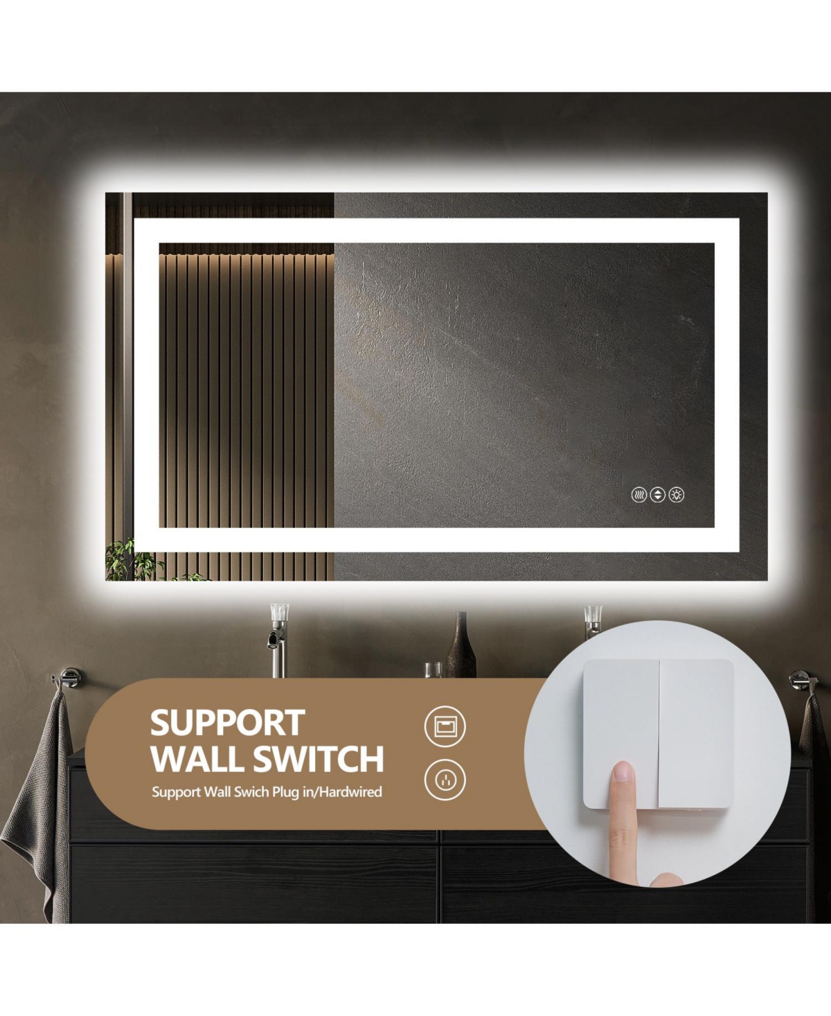 Busdays 48 x 32 Inch Frameless Led Bathroom Mirror Smart Mirror Wall Mounted Anti Fog Dimmable