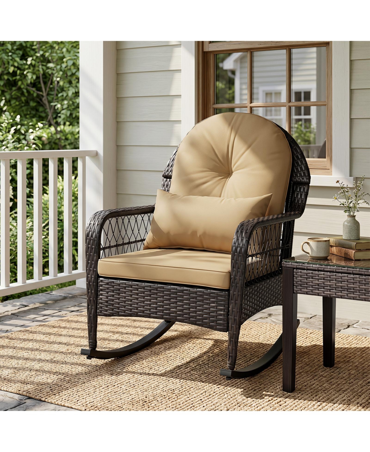 Gymax Outdoor Wicker Rocking Chair 400 Lbs Patio Rattan Rocker Chair with Anti-Tip Stoppers