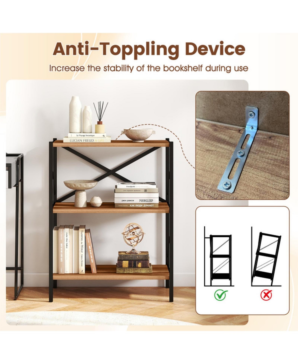 Sugift 3-Tier Open Bookshelf with Heavy-Duty X-Braced Metal Frame