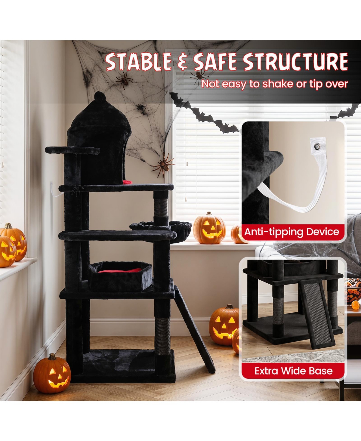 Gymax Gothic Cat Tree 50'' Large Cat Tower with House Coffin Bed Spider Hanging Ball