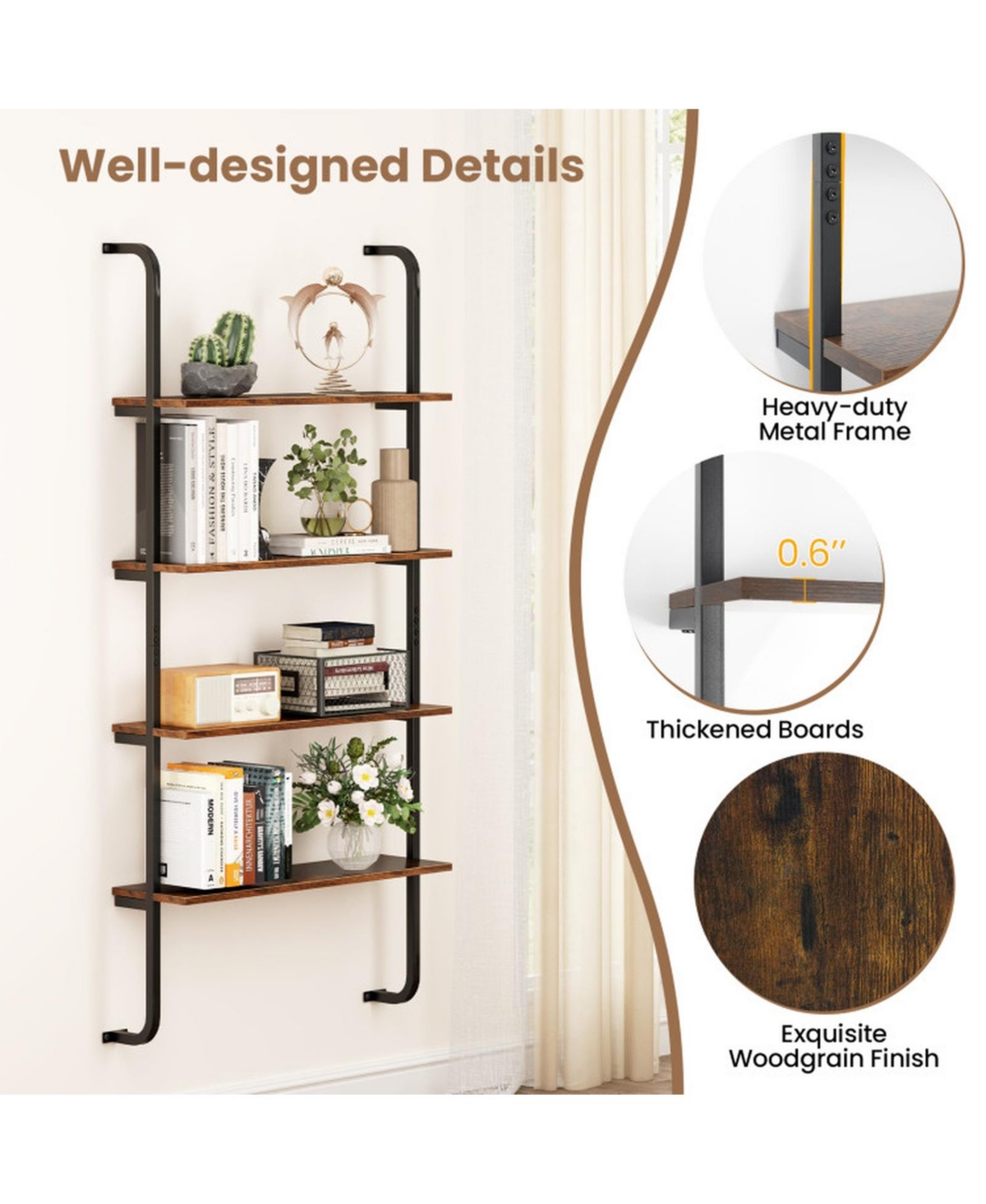 Sugift 4-Tier Wall-Mounted Industrial Pipe Shelving with Metal Frame for Living Room and Kitchen