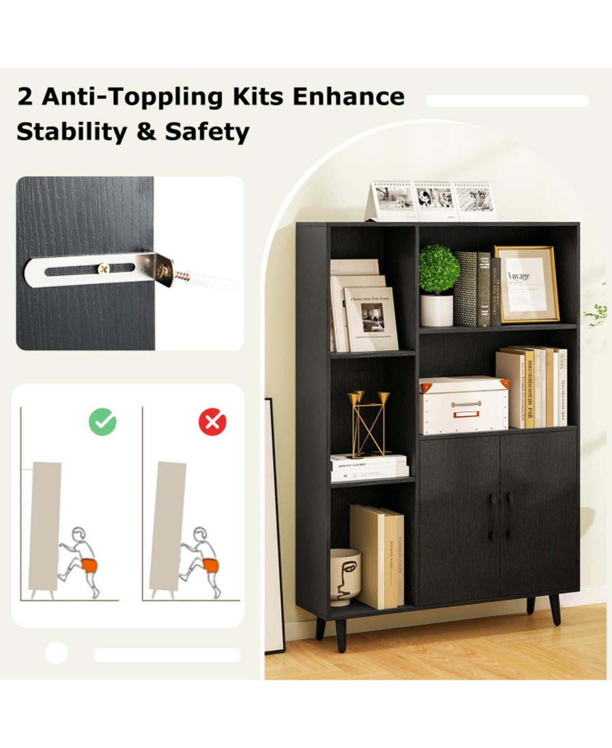 Sugift 47 Inch Floor Bookshelf with 5 Open Compartments and 2-Door Storage Cabinet