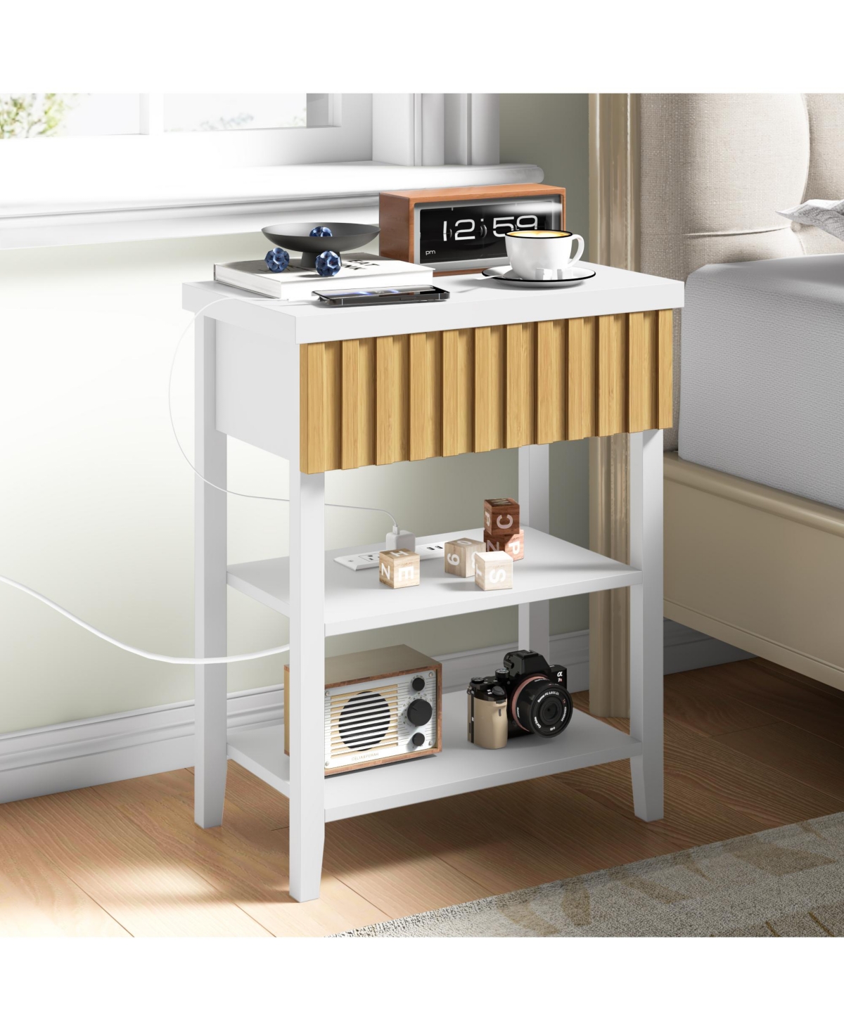 Flynama Fluted Nightstand with Charging Station
