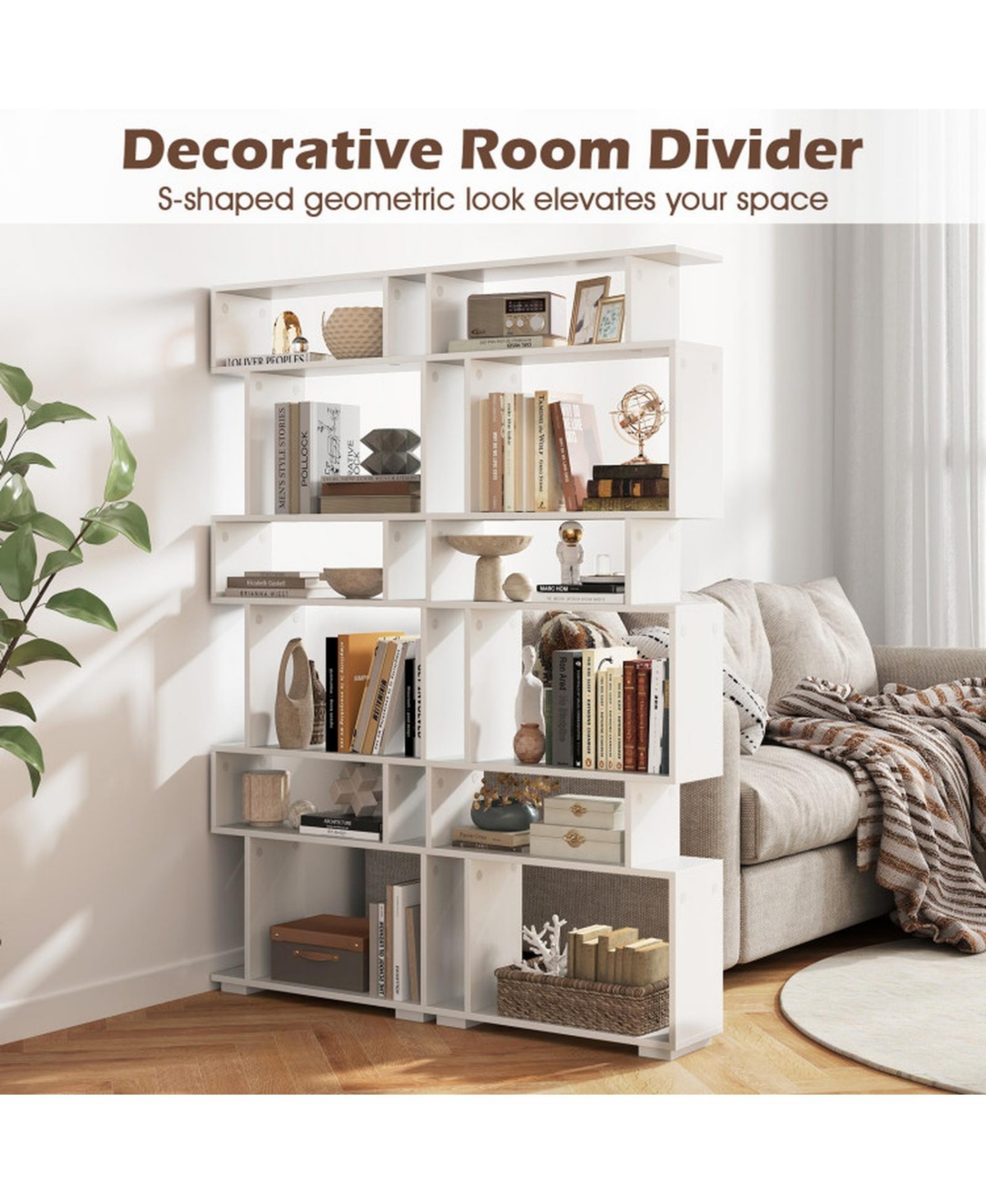 Sugift 6-Tier Geometric S-Shaped Bookshelf with 2 Anti-Tipping Kits for Home Office