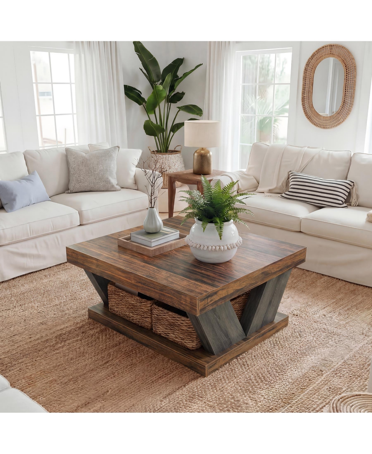 Tribesigns 2-Tier Rustic Wood Coffee Table, Farmhouse Square, Large