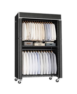 Freestanding Garment Rack with Cover, Storage Shelf and Wheels