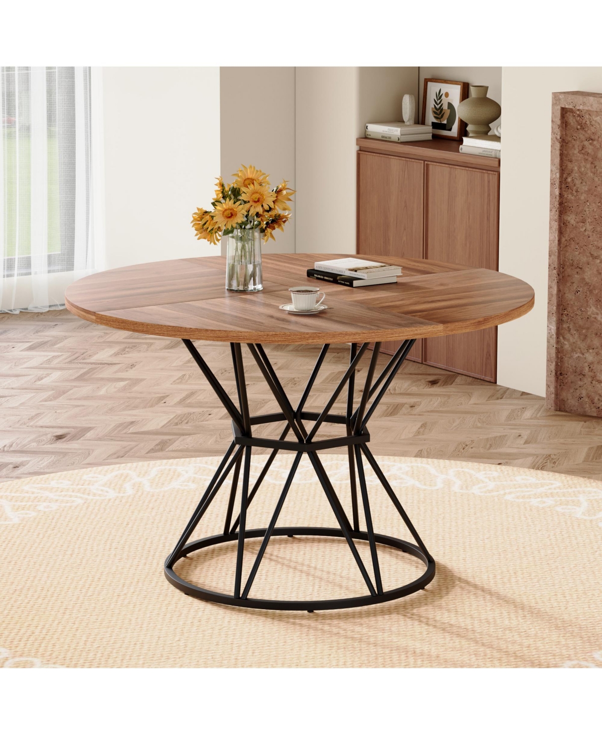 Flynama 47.3 Inch Walnut Wood Grain Round Dining Table with Hourglass Metal Bracket for 4-6 People