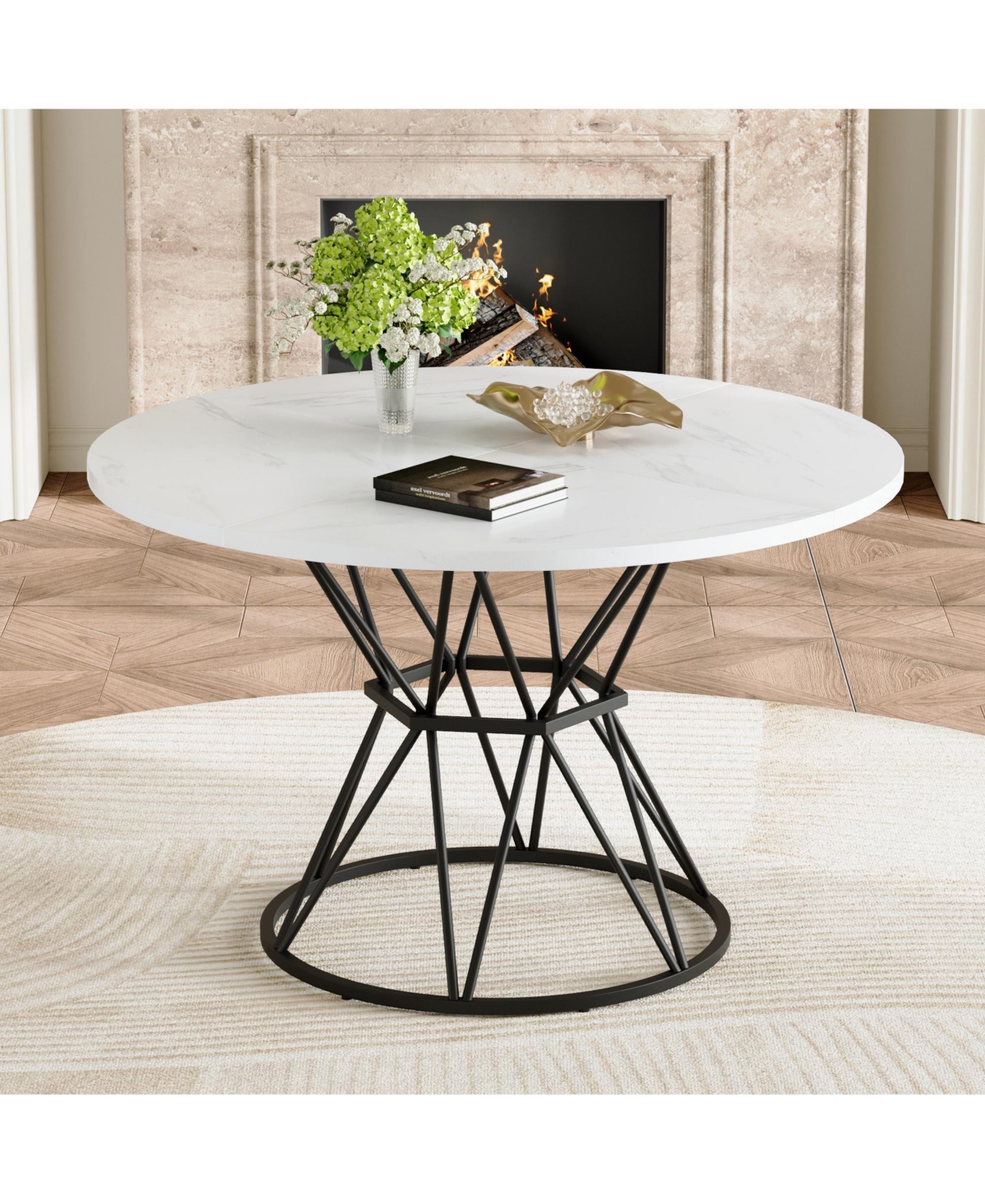 Flynama 47.3 Inch Marble Mdf Round Dining Table, Modern Industrial Hourglass Metal Bracket Table for 4-6 People