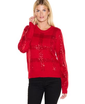 Women's Plaid-Sequin Crewneck Pullover Sweater
