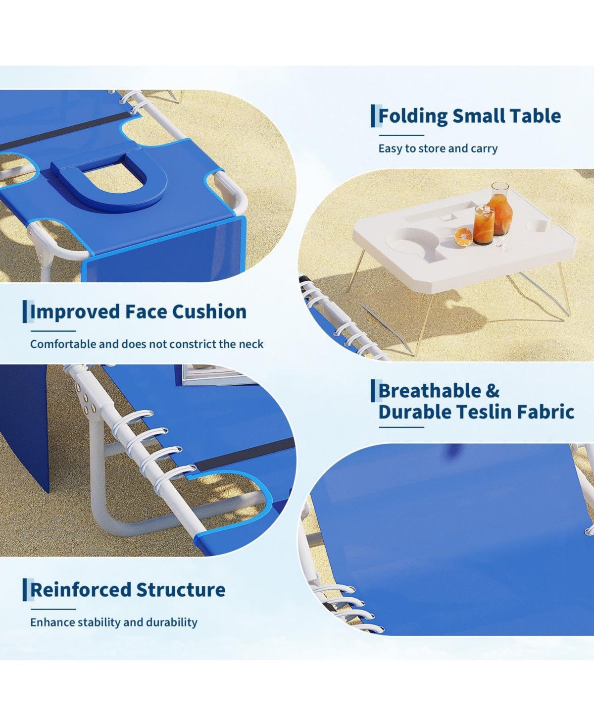 homfan 3-in-1 Outdoor Tanning Bench Lounge Chair with Face Hole - Folding Side Table - 5 Adjustable Recline Positions - Removable Pillow