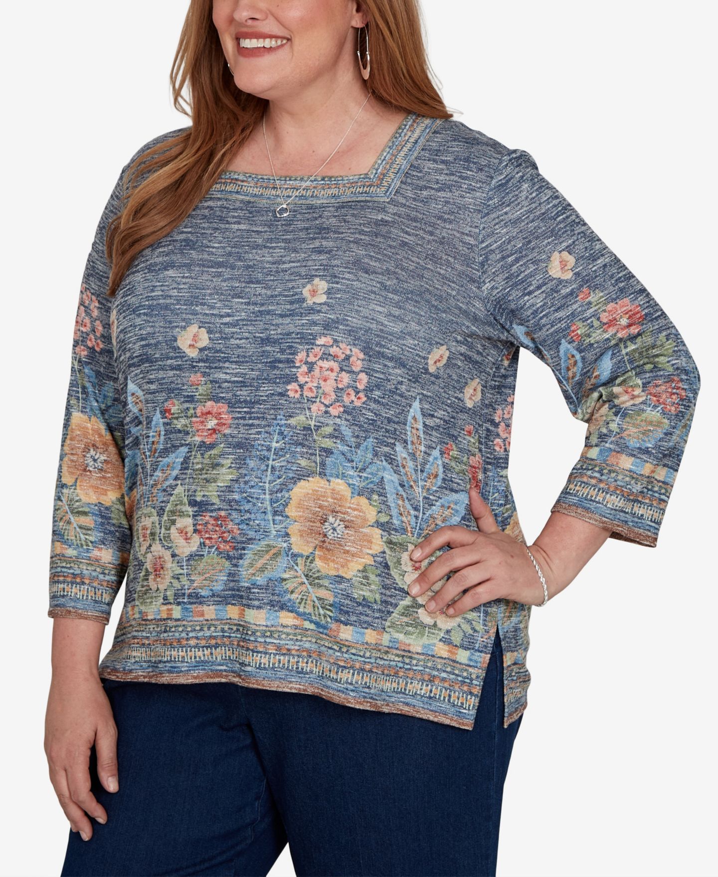 Женский топ Alfred Dunner Plus Size Floral 3/4-Sleeve Square-Neck, цвет: Джинсовый — фото 3