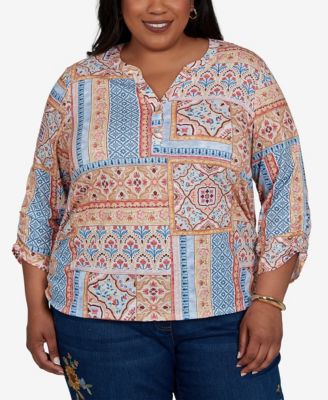 Plus Size 3/4-Sleeve Patchwork-Print Blouse
