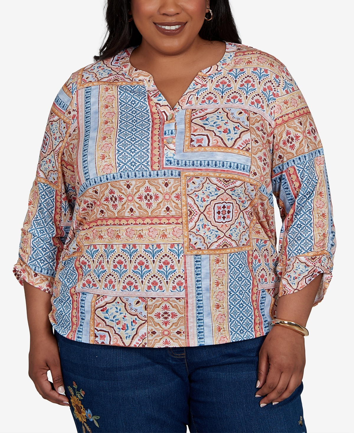 Alfred Dunner Plus 3/4-Sleeve Patchwork-Print Blouse