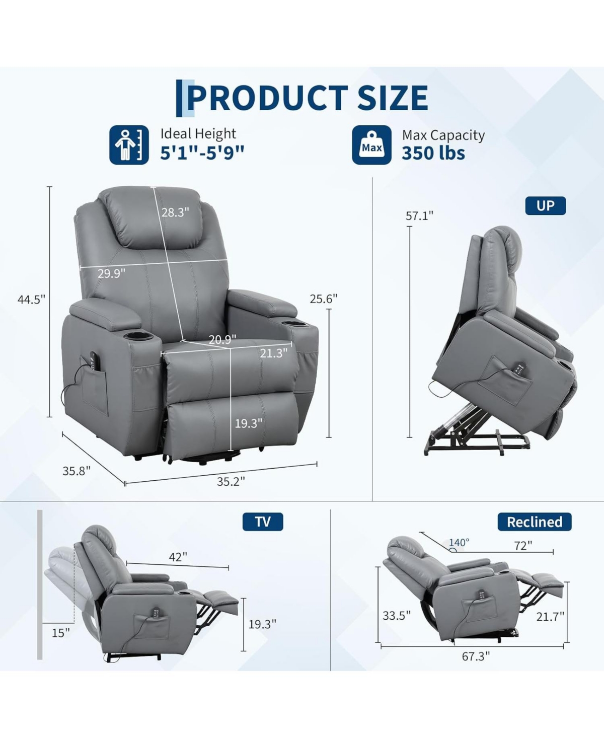 gaomon Electric Power Lift Recliner Chair with Heat and 8-Point Massage, Pu Leather, Storage and Cup Holders
