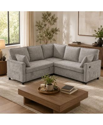 L-Shaped Sleeper Sofa, Chenille Sectional Couch with Storage, Khaki, Pull-Out Bed, Reversible Chaise and 286 Lb per Seat Support