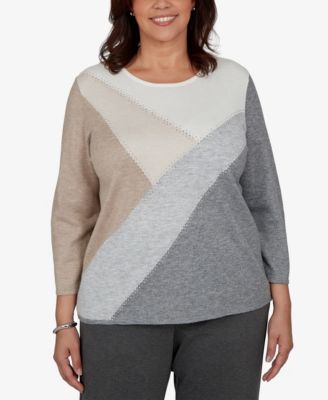 Plus Size 3/4-Sleeve Colorblock Crewneck Pullover Sweater