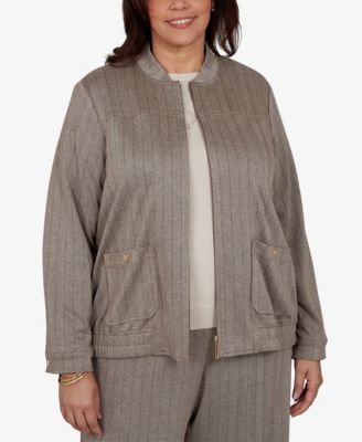 Plus Size Striped Mandarin Collar Bomber Jacket