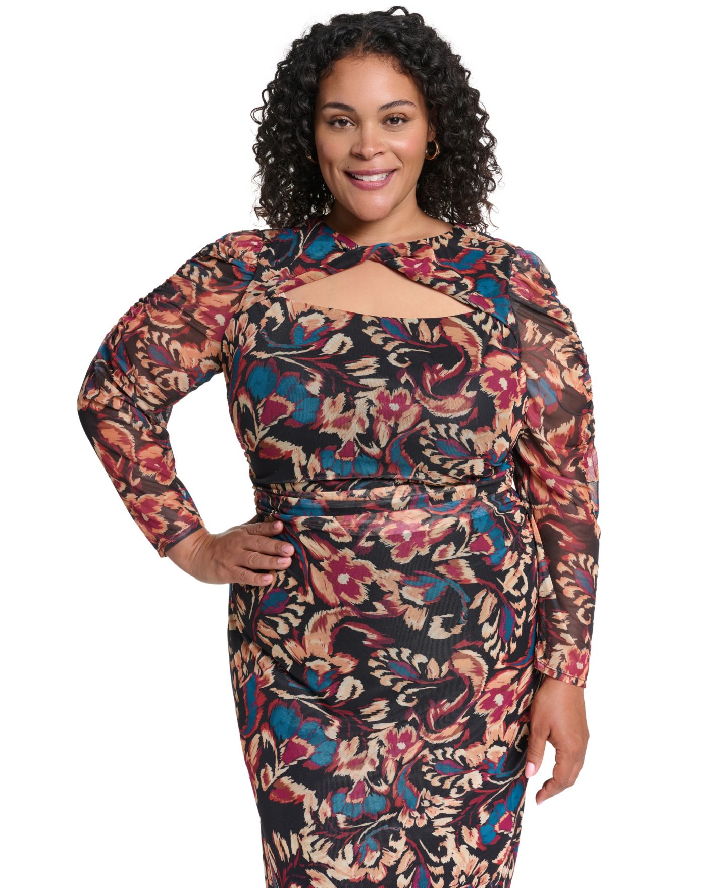 Женское платье Vince Camuto Plus Size Ptd Mesh Twist Neck Body Floral-Print Turtleneck, цвет: Чёрный разноцветный — фото 3