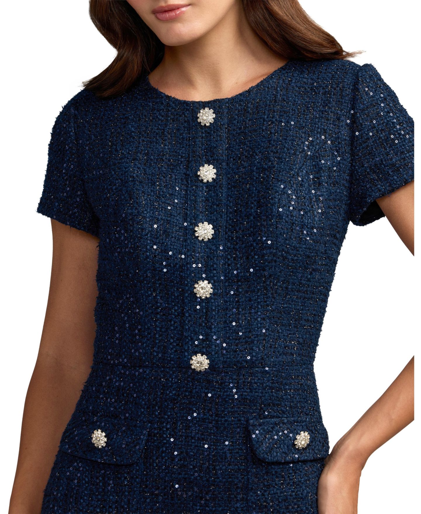 Женское платье Mac Duggal Sequin Tweed Short-Sleeve A-Line Midi, цвет: Тёмно-синий — фото 3