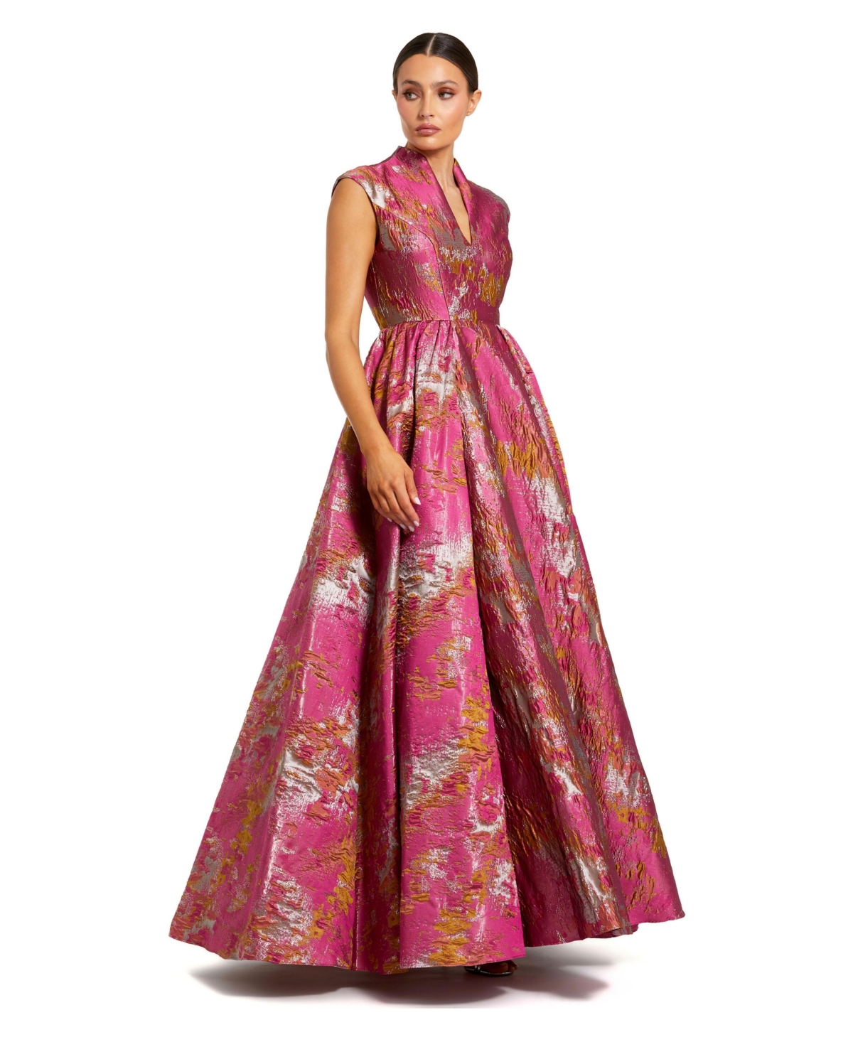Mac Duggal - Pink Metallic Jacquard Ball Gown with Mandarin Collar - Raspberry Multi / US 10