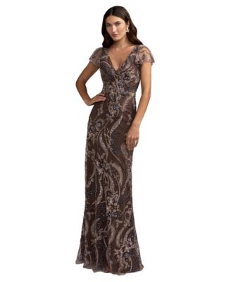 Petite V Neck Flutter Sleeve Floral Embroidered Gown