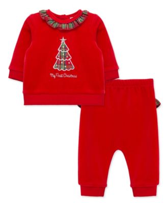 Baby Girls' Embroidered Plaid Christmas Tree Velour Top and Pants, 2-Piece Set