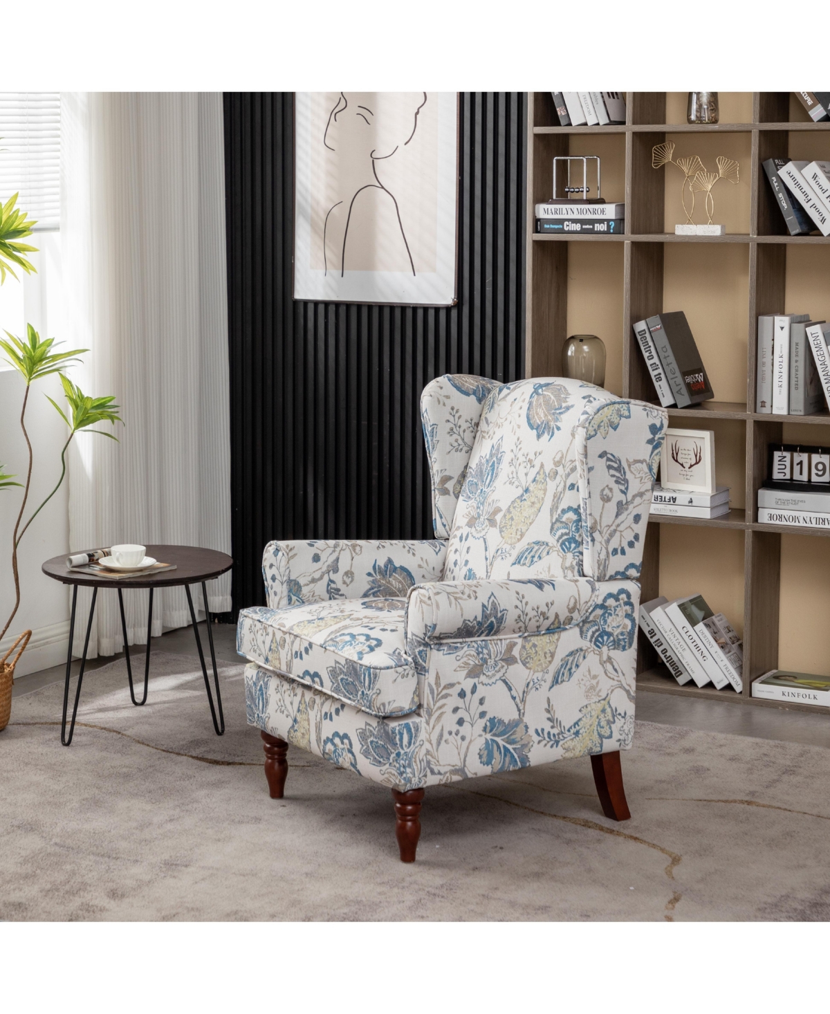Slickblue Modern Floral Accent Chair with Wood Legs and Upholstered Armchair
