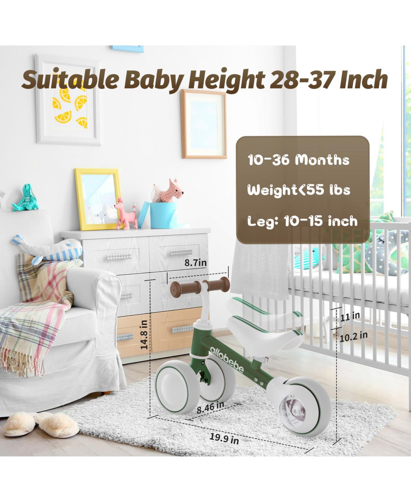Детская игрушка Allobebe Baby Balance Bike with Adjustable Seat and Silent Wheels, 3-Wheel Ride-On, Ages 1-3, цвет: Зелёный — фото 5
