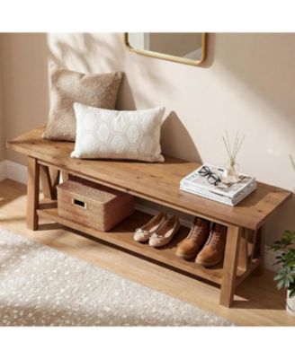 55" Solid Wood Entryway Bench with Storage Shelf,Farmhouse