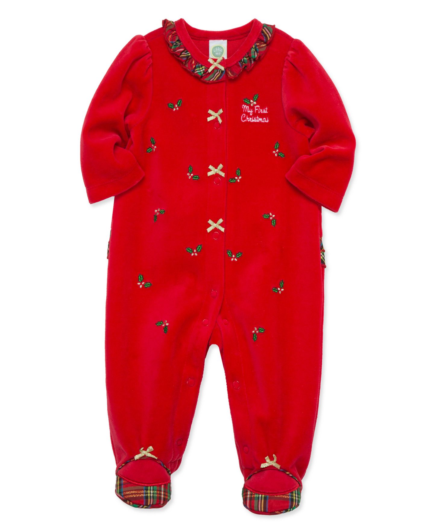 Комбинезон Little Me My First Christmas Holly Plaid Embroidered Velour Footed Coveralls для девочек-малышей, цвет: Красный — фото 3