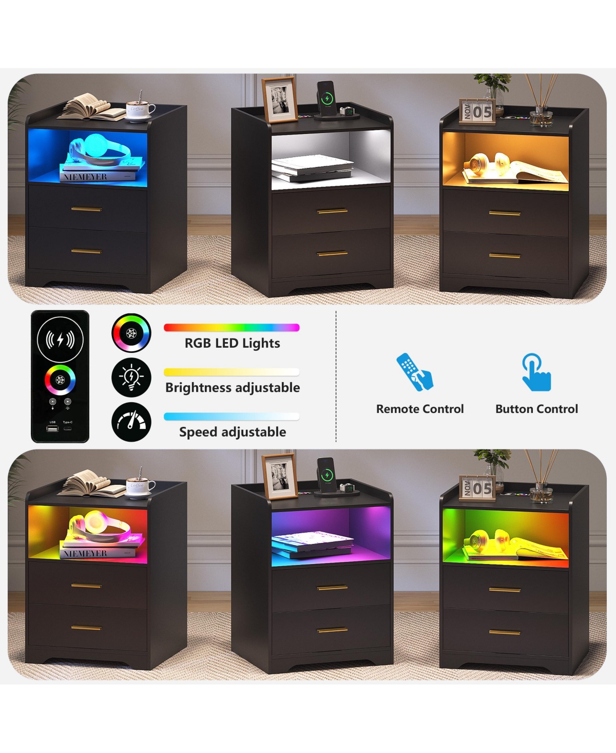 Vlsrka Modern 17.7" Nightstands Set of 2 - Drawers, Rgb Lights and Motion Sensor