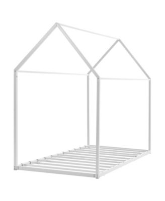Twin Size Metal House Bed Frame with Steel Slat Support and Canopy Roof for Kids