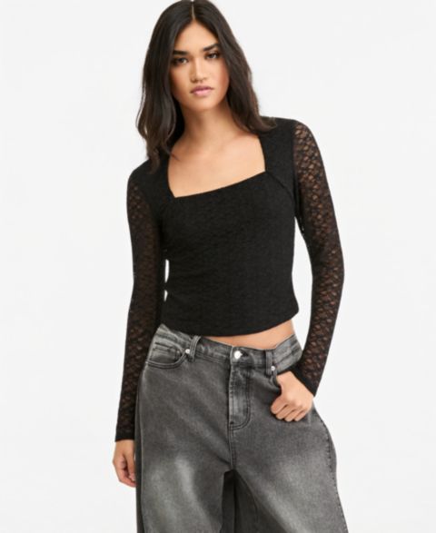 Женская блузка Bar III Lace Long-Sleeve Square-Neck, цвет: Чёрный