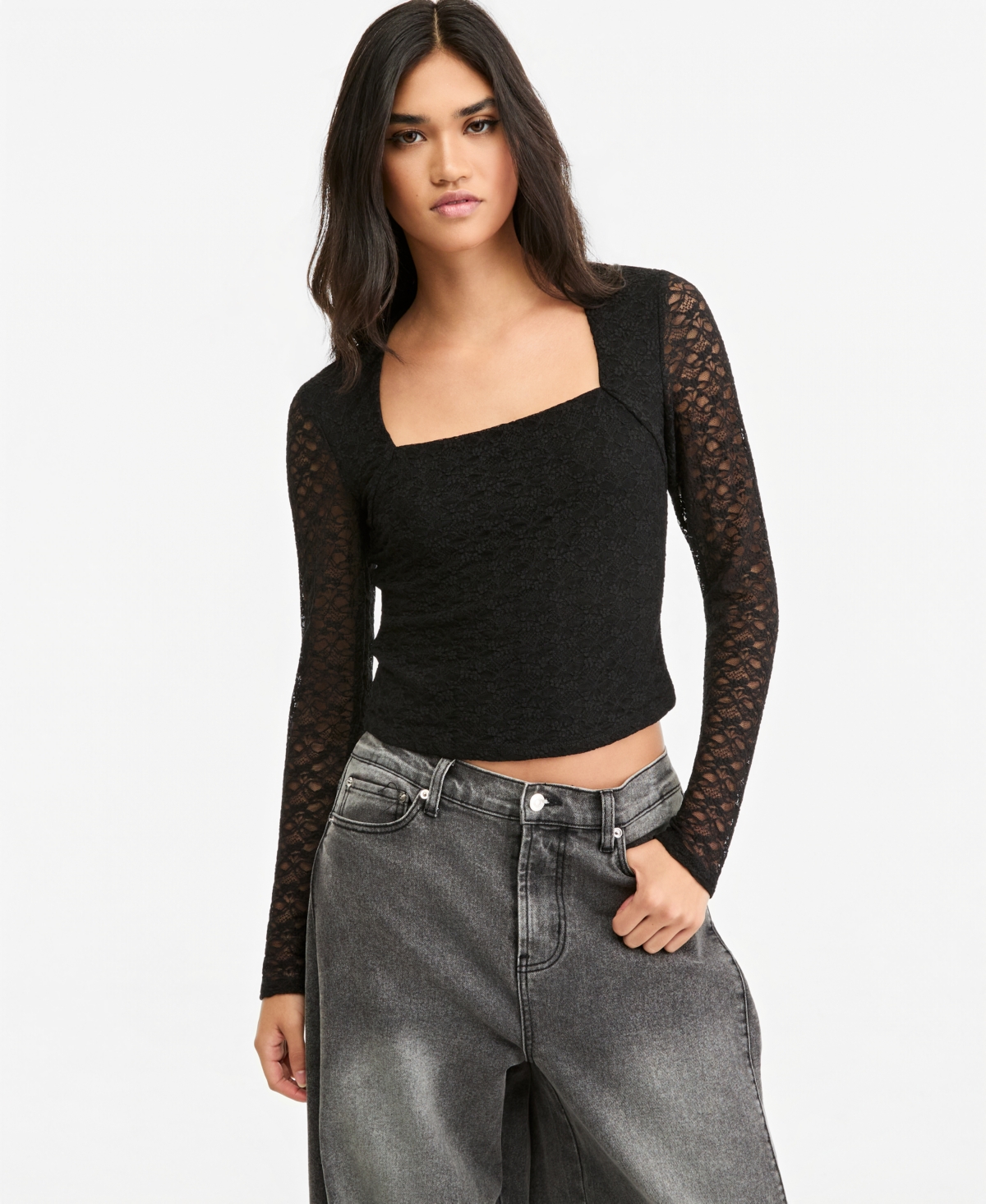 Bar Iii Women's Lace Long-Sleeve Square-Neck Blouse, Macy's Exclusive - Black