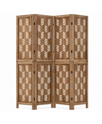 5.5 Feet Tall Room Divider w/Paulownia Wood Frame Wave Cutout Pattern 2-Way Hinges